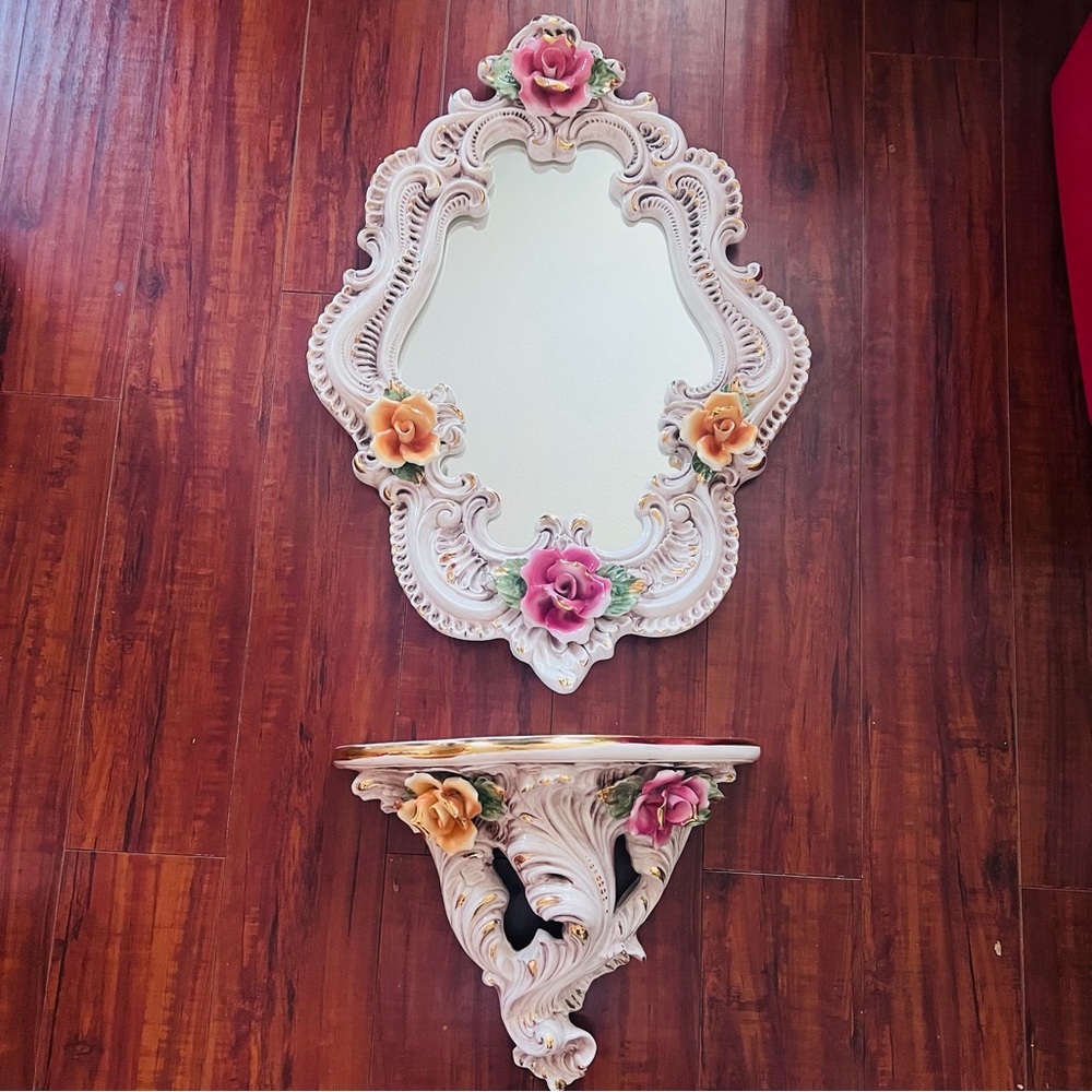 Vintage Hand‑Sculpted Italian Capodimonte Ceramic Mirror & Shelf Set